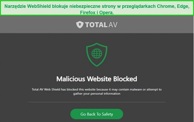 Zrzut ekranu przedstawiający WebShield firmy TotalAV blokujący dostęp do złośliwej witryny
