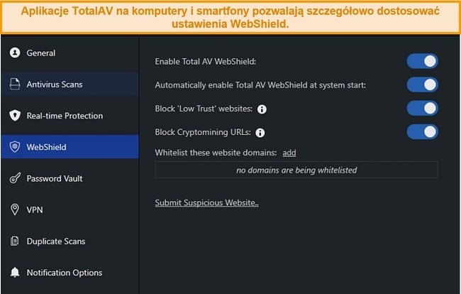 Zrzut ekranu ustawień WebShield w aplikacji komputerowej TotalAV