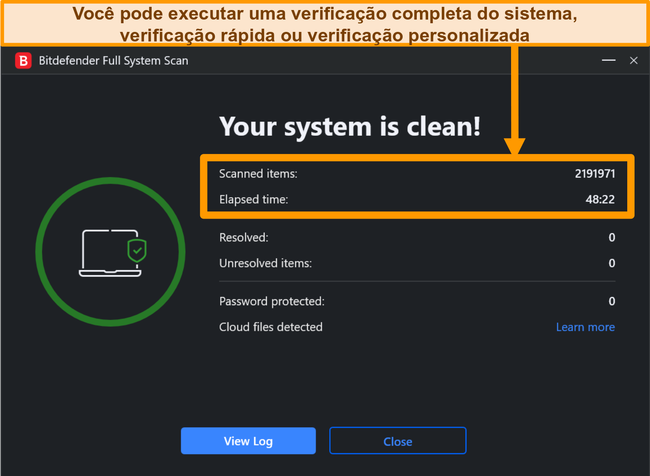 Captura de tela de uma análise de sistema Bitdefender concluída.