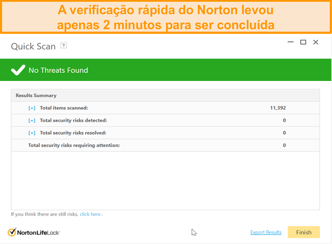 Captura de tela do resultado da verificação rápida do Norton 360