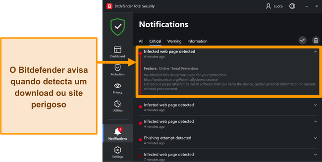 Notificações de ameaças da área de trabalho do Bitdefender.