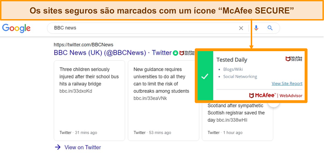 Captura de tela da pesquisa na web do Google com McAfee WebAdvisor mostrando que um site é autêntico e seguro