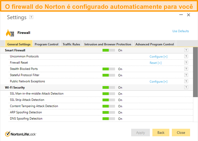 Captura de tela das configurações de firewall do Norton 360 no Windows.