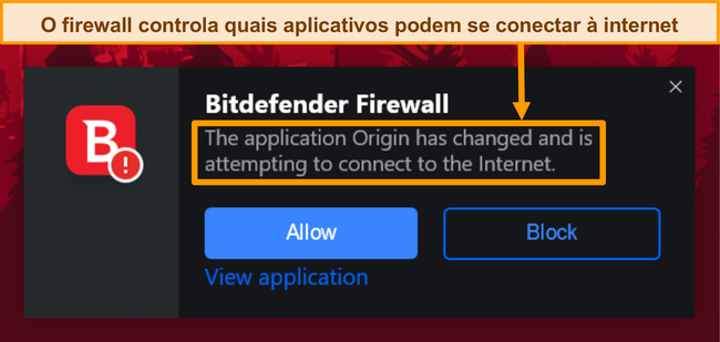 Captura de tela de uma notificação de firewall do Bitdefender.