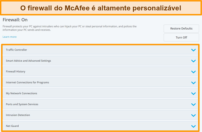 Captura de tela dos recursos do McAfee Firewall