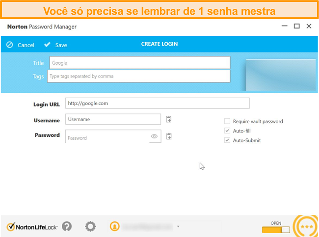 Captura de tela do cofre do gerenciador de senhas do Norton 360