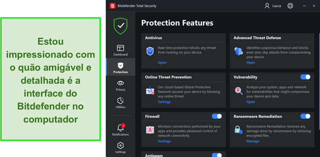 Interface de desktop do Bitdefender