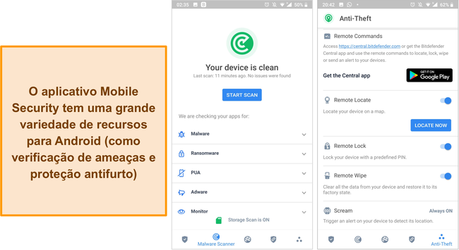 Captura de tela do aplicativo de segurança móvel do Bitdefender.