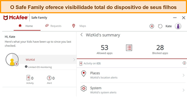 Captura de tela do recurso de controle dos pais do McAfee Safe Family vinculado a um iPhone