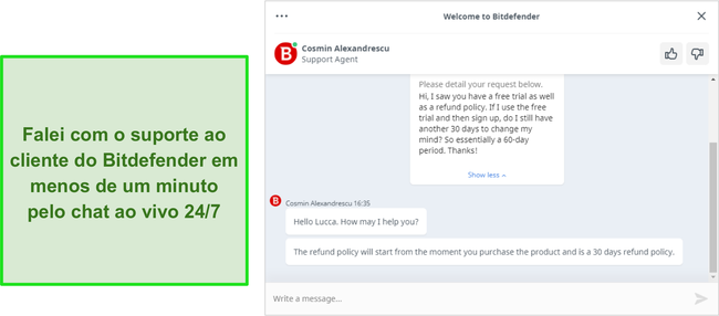 Captura de tela de uma conversa de chat ao vivo com um agente de suporte da Bitdefender.