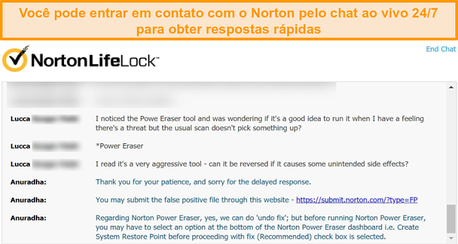 Captura de tela de uma conversa com um agente de suporte ao cliente Norton via chat ao vivo.