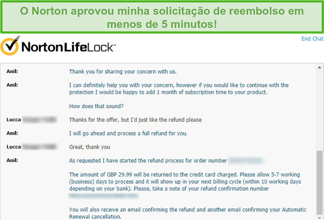 Captura de tela de recebimento de um reembolso por meio do chat ao vivo do Norton