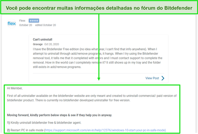 Captura de tela de um tópico do fórum da comunidade do Bitdefender.