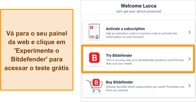 Captura de tela de como iniciar uma avaliação do Bitdefender de dentro do painel da web Bitdefender Central.