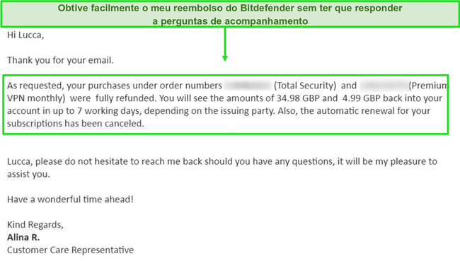 Captura de tela de um e-mail de solicitação de reembolso bem-sucedido de um agente de suporte da Bitdefender.