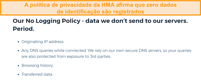 Captura de tela da VPN HMA (Hidemyass) e sua política de privacidade sem registro em log