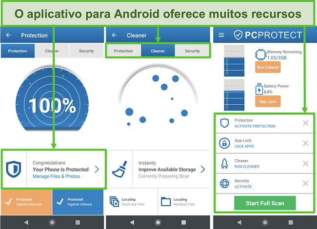Captura de tela do aplicativo Android do PC Protect que oferece muitos recursos.