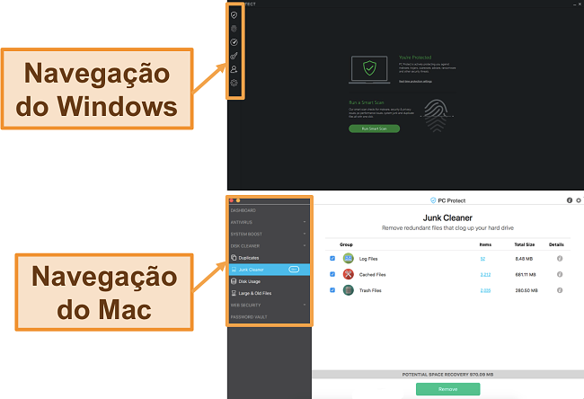 Captura de tela do menu de navegação do PC Protect no Windows e Mac.