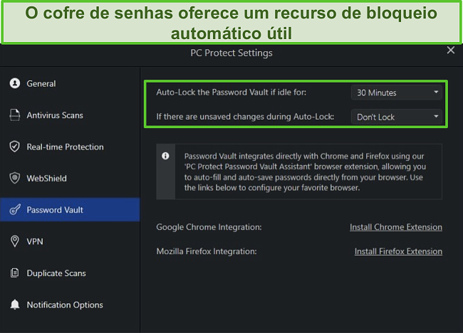 Captura de tela das configurações do Cofre de senhas do PC Protect com seu recurso de bloqueio automático.