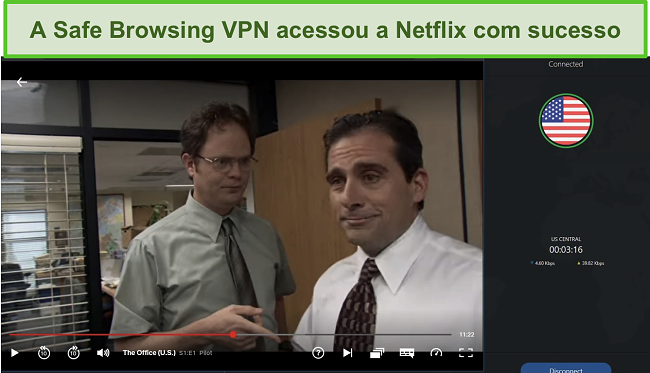 Captura de tela da VPN de navegação segura do PC Protect contornando as restrições geográficas para acessar o Netflix dos EUA.