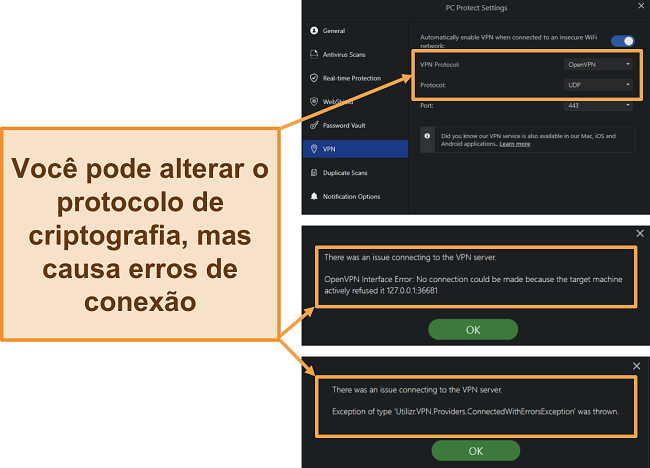 Captura de tela dos erros de VPN de navegação segura do PC Protect e protocolos de criptografia.