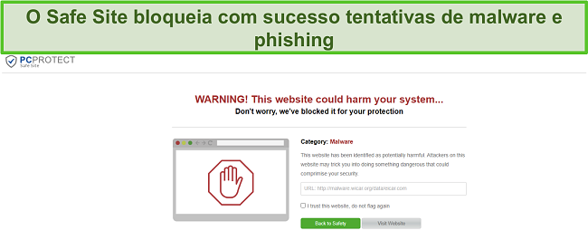 Captura de tela do PC Protect Safe Site bloqueando com êxito uma tentativa de malware.