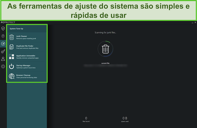 Captura de tela da lista de ajuste do sistema do PC Protect que ajuda a liberar espaço no disco rígido e mantém seu dispositivo funcionando sem problemas.