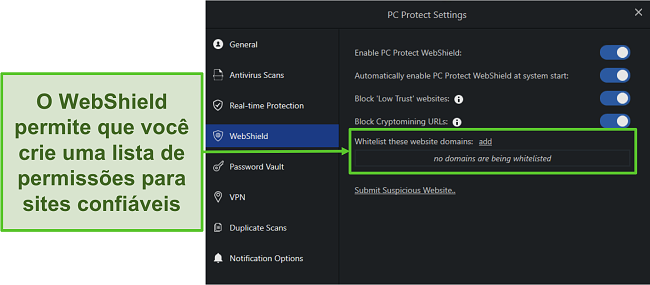 Captura de tela das configurações do PC Protect Web Shield para ajudar a protegê-lo online.