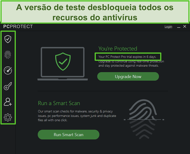 Captura de tela da versão de teste do PC Protect e seus recursos desbloqueados.