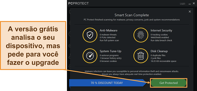 Captura de tela da versão gratuita do PC Protect executando uma varredura antes de solicitar a atualização.