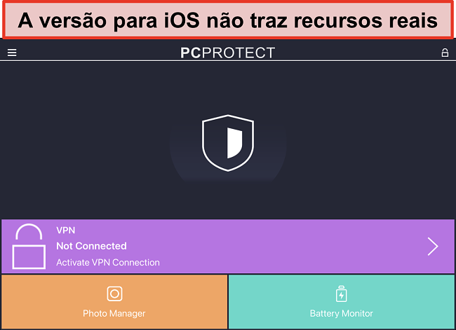 Captura de tela do aplicativo iOS do PC Protect que não possui recursos reais.