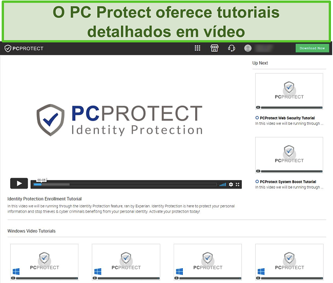 Captura de tela dos tutoriais em vídeo do PC Protect que podem ser acessados no site.