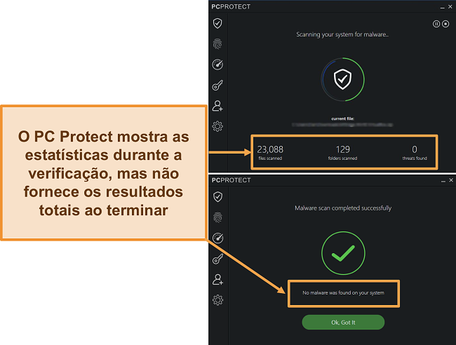 Captura de tela do PC Protect executando uma verificação de malware que exibe as estatísticas apenas durante a verificação. Depois de concluído, os resultados desaparecem.