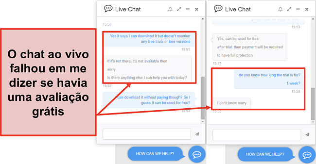 Captura de tela da equipe de suporte do PC Protect falhando em me dizer se havia uma vers&atilde;o gratuita em oferta e, se houvesse, quanto tempo durou.