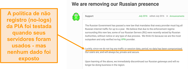 Captura de tela do site da VPN de acesso à Internet privada com uma postagem no blog descrevendo o motivo da retirada da PIA da Rússia