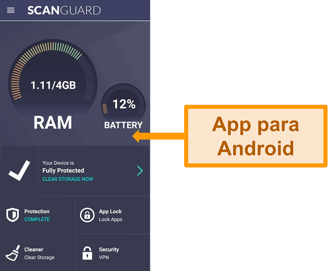 Captura de tela da interface do aplicativo Android da Scanguard.