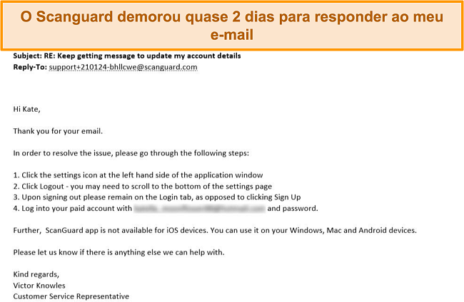 Captura de tela da resposta do e-mail de suporte ao cliente da Scanguard.