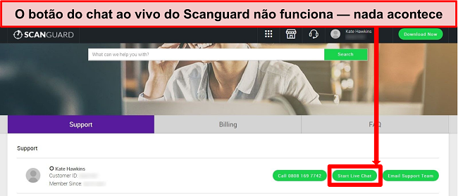 Captura de tela do site de suporte da Scanguard com o botão Live Chat destacado.