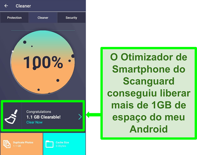Captura de tela do recurso Cleaner da Scanguard no Android, eliminando mais de 1 GB de fotos duplicadas.