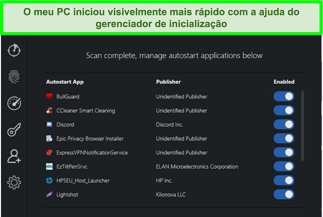 Captura de tela do gerenciador de inicialização da Scanguard com aplicativos de inicialização automática listados.