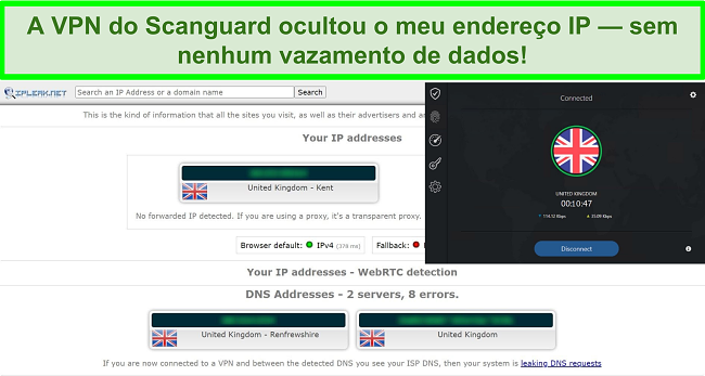 Captura de tela da VPN da Scanguard e um teste de vazamento de IP que não mostra vazamentos de dados.