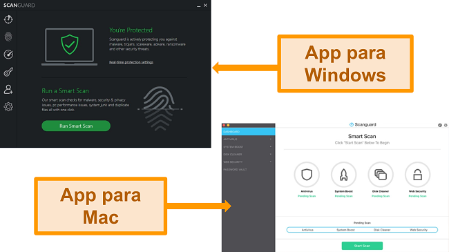 Capturas de tela das interfaces Windows e Mac da Scanguard.