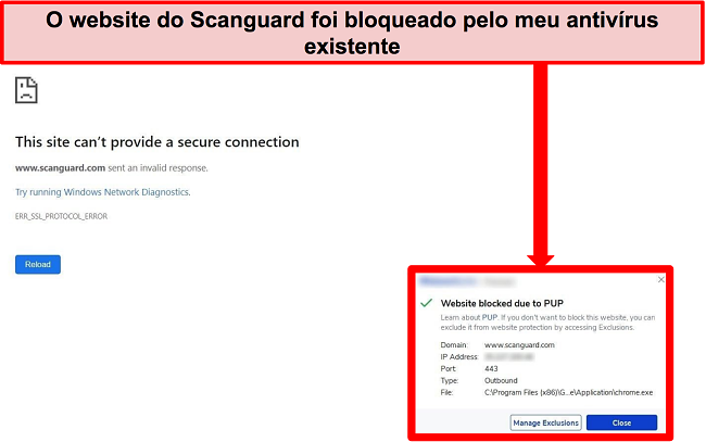 Captura de tela do antivírus bloqueando o site da Scanguard devido a um filhote.