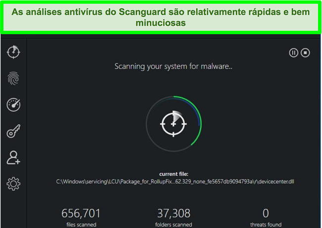 Captura de tela da varredura de sistema da Scanguard em execução em um PC com Windows.