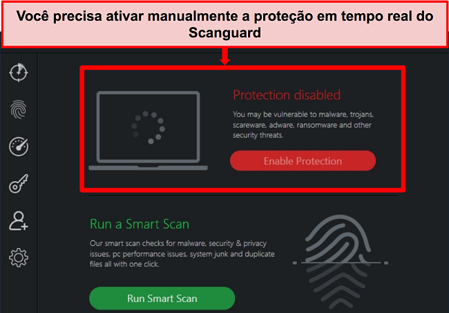 Captura de tela do aplicativo antivírus da Scanguard com proteção em tempo real desativada.