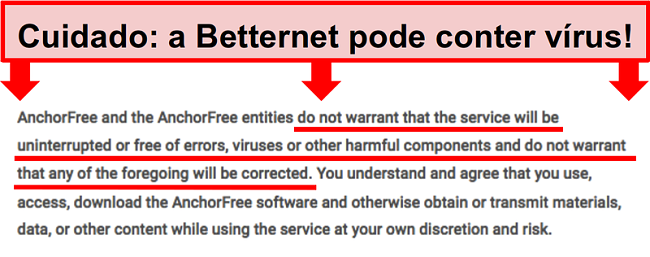 Screenshot dos termos da Betternet que não garantem proteção contra malware