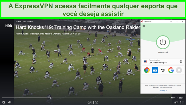 Captura de tela do ExpressVPN conectado ao servidor dos EUA e FOX Sports transmitindo um show