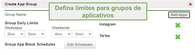 Captura de tela da definição de limites em grupos de aplicativos