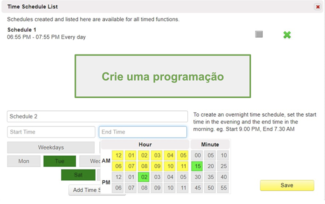 Captura de tela da lista de horários