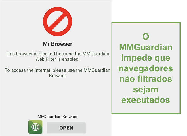 Captura de tela do MMGuardian impedindo a abertura de navegadores não filtrados